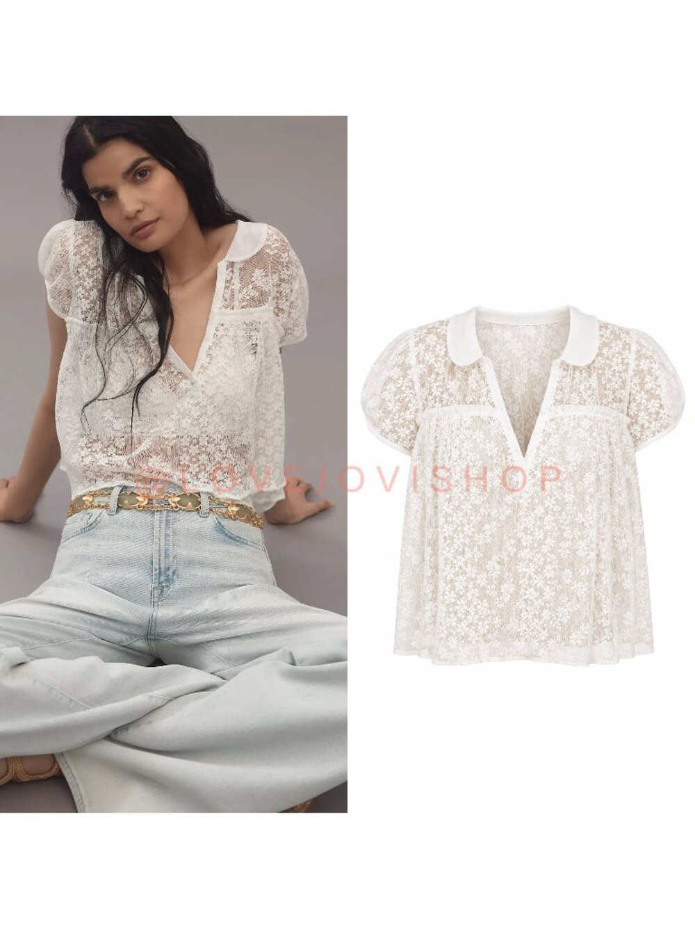 Feminine | Maeve for Anthropologie Lace Sheer Babydoll Layer Top | Collar V Neck